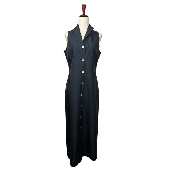 Vintage Barry Bricken Navy 100% Silk Sleeveless Button Down Shirt Dress Size 4 - Picture 1 of 16